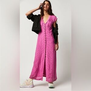 🍓Free People Rosemary Printed Midi Dress Size Medium Pink Strawberry Button